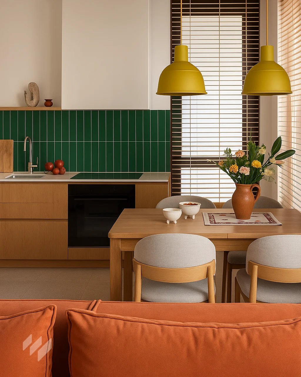 Inspiración de cocina con Panel SPC imitación azulejo vertical verde de Revestimientos Pared, en un diseño moderno y luminoso, ofreciendo ideas para decoración de interiores.