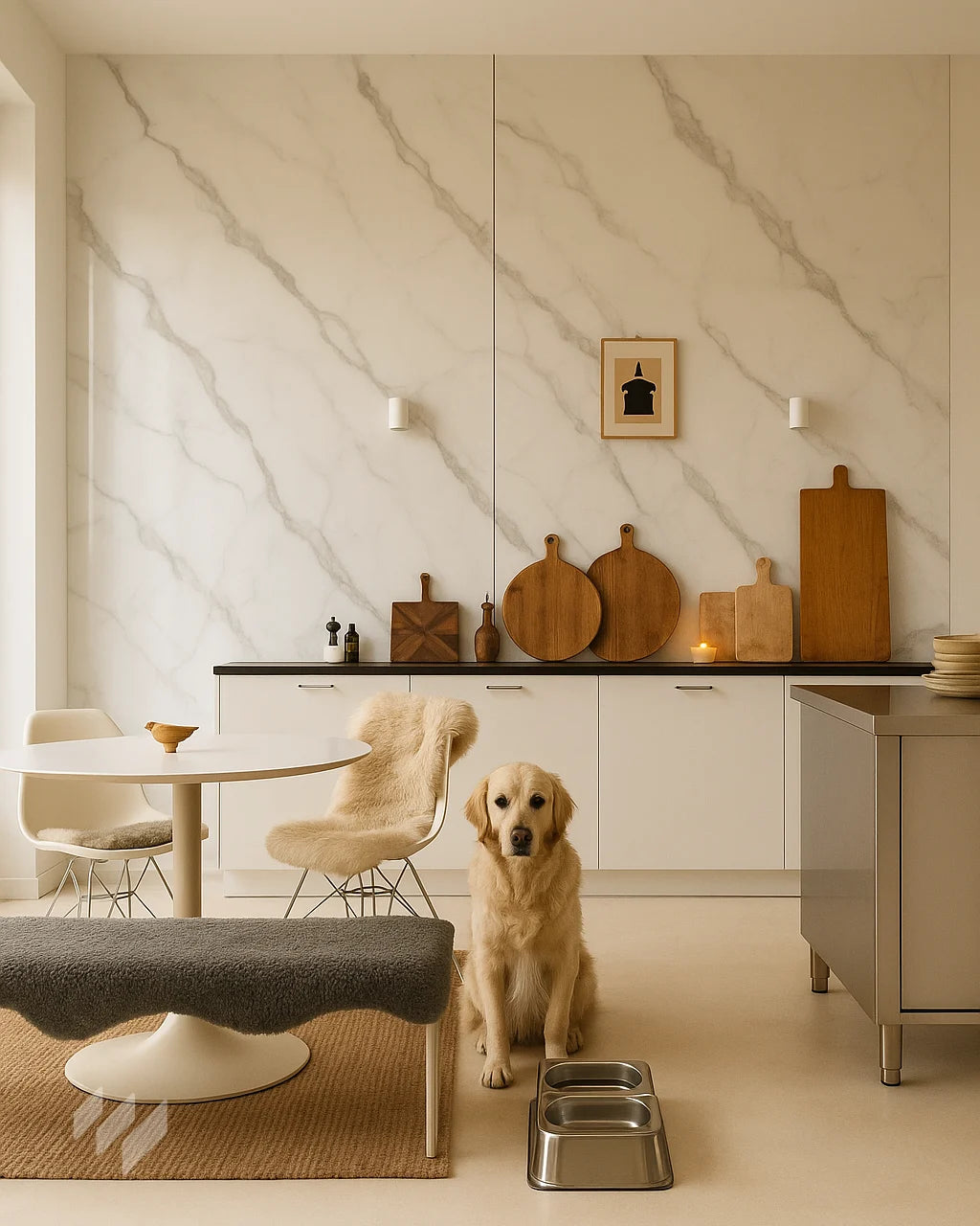 Inspirar cocina luminosa con Panel WPC Alto Brillo efecto Mármol Calacatta Blanco de Revestimientos Pared, en un diseño nórdico y acogedor, ofreciendo ideas para decoración de interiores.