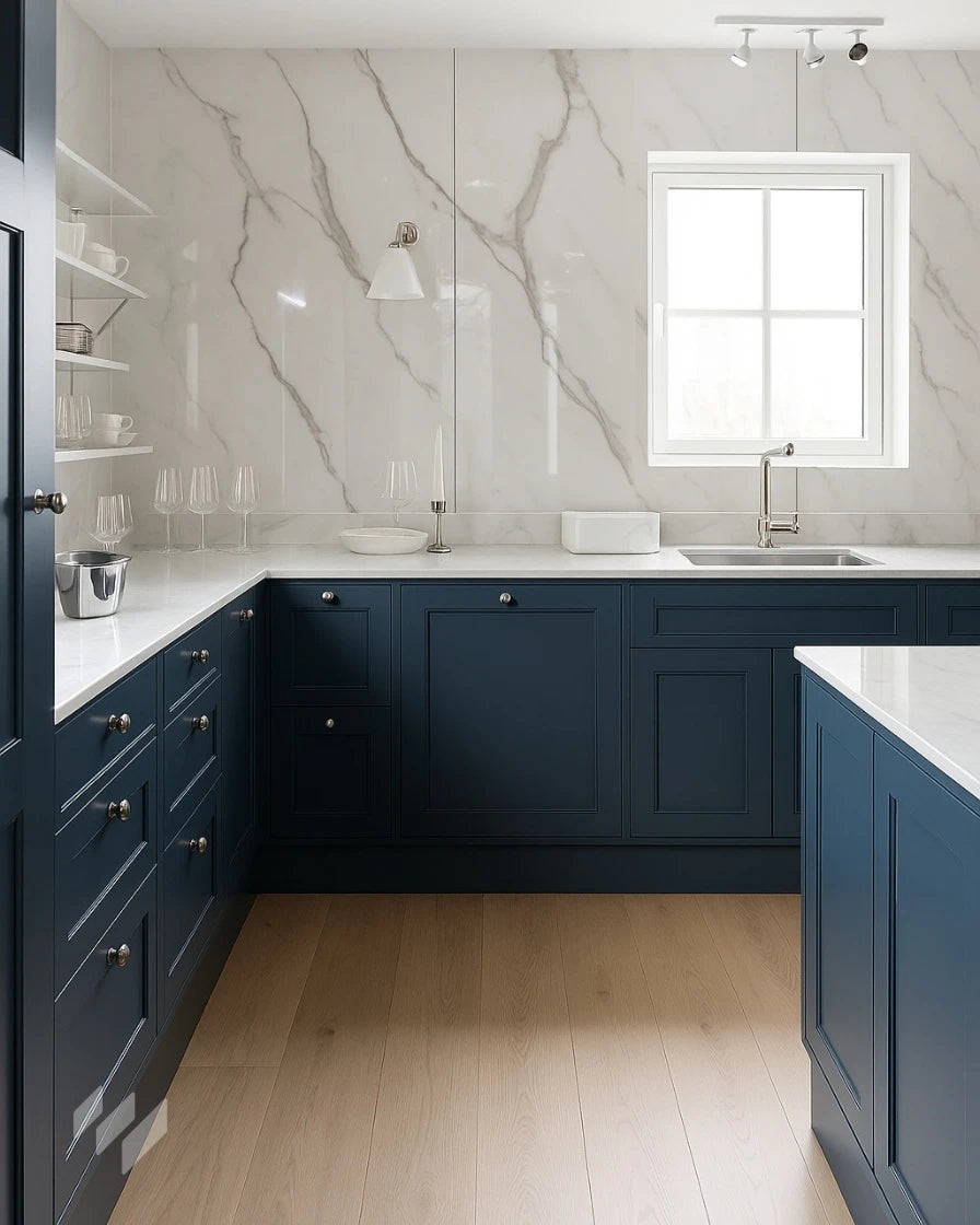 Mostrar cocina clásica con Panel WPC Alto Brillo efecto Mármol Calacatta Blanco de Revestimientos Pared, en un ambiente elegante y atemporal, ofreciendo ideas para renovación de cocinas.