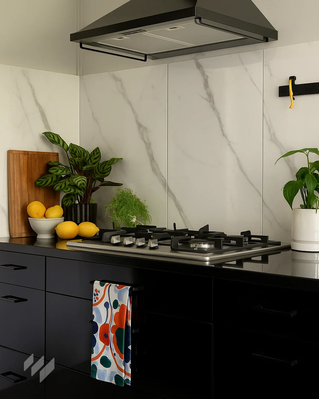 Presentar cocina contemporánea con Panel WPC Alto Brillo efecto Mármol Calacatta Blanco de Revestimientos Pared, en un estilo sofisticado y moderno, ofreciendo ideas para diseño de interiores.