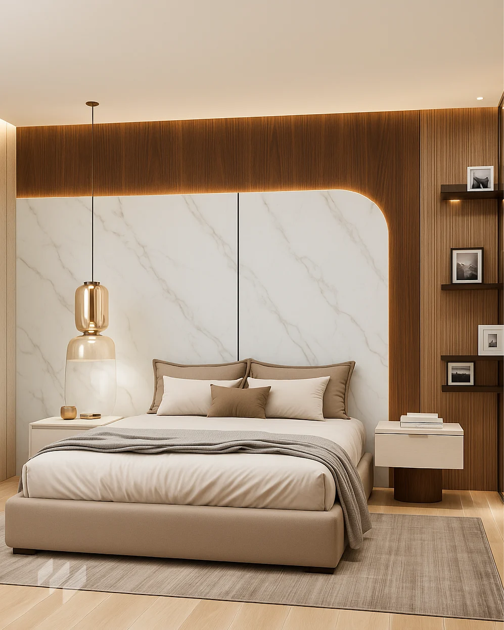 Inspiración de dormitorio con Panel WPC Alto Brillo efecto Mármol Calacatta Blanco de Revestimientos Pared, en un diseño elegante y contemporáneo, ofreciendo ideas para interiores sofisticados y luminosos.