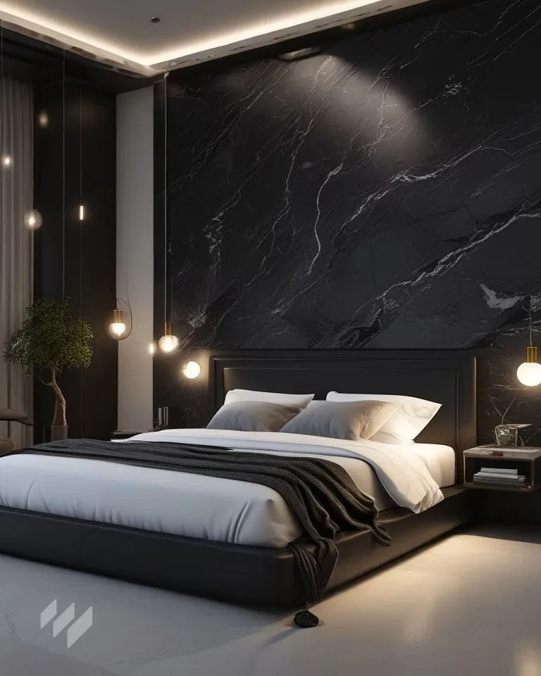 Inspiración de dormitorio con Panel WPC Alto Brillo efecto Mármol Negro de Revestimientos Pared, en un estilo moderno y minimalista, ofreciendo ideas para decoración de dormitorios con un toque exclusivo.