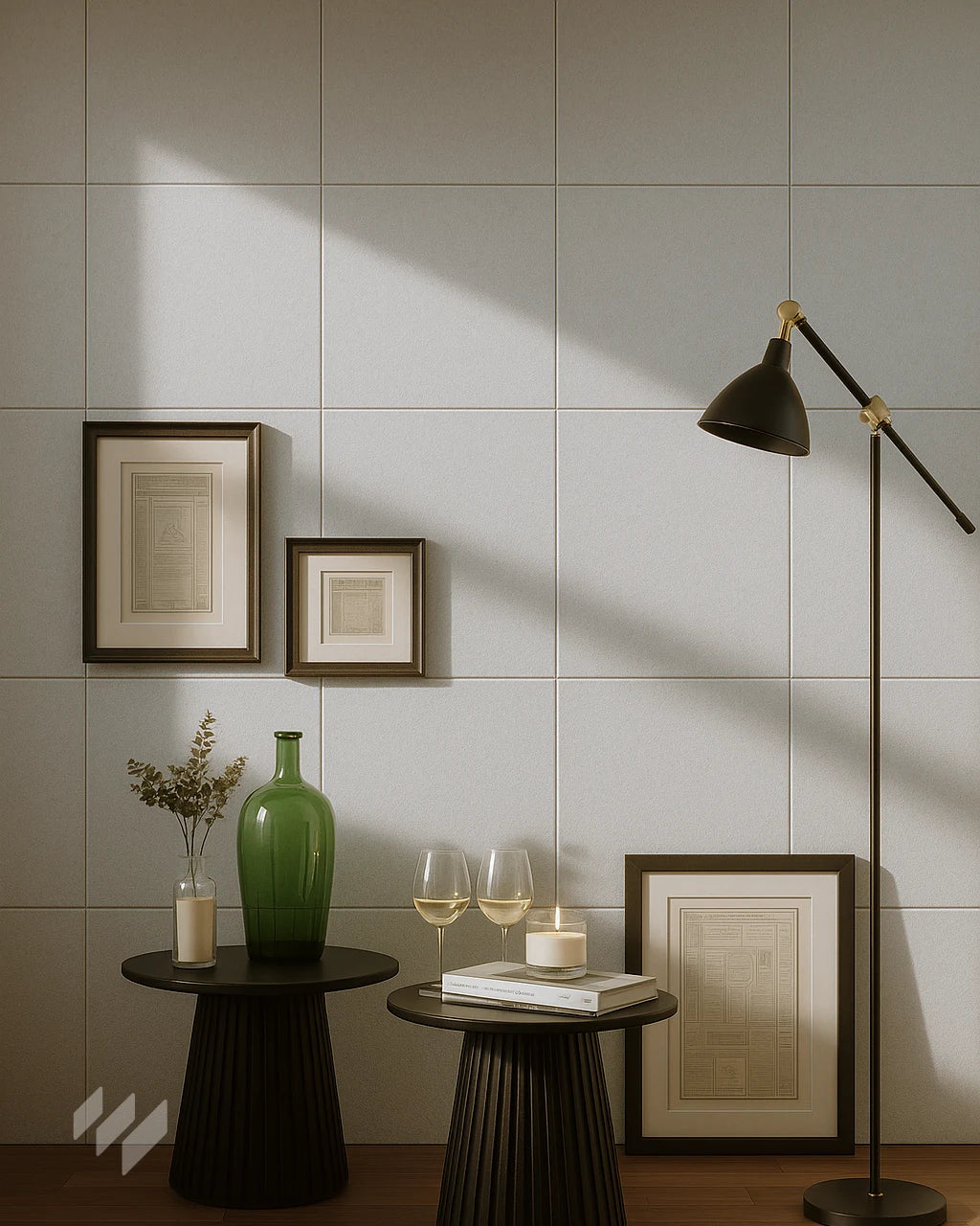 Inspiración de salón con Espuma Acústica Autoadhesiva de Poliéster Blanca de Revestimientos Pared, decorado con mesa auxiliar negra, jarrón verde y cuadros, ofreciendo ideas para un ambiente elegante y acogedor.