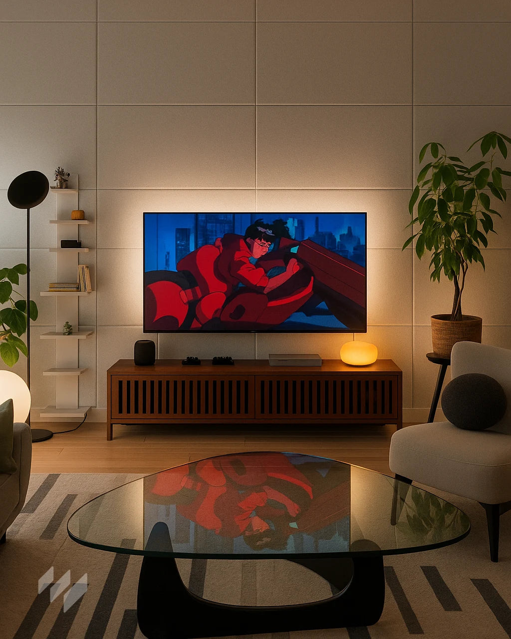 Ideas de salón moderno con Espuma Acústica Autoadhesiva de Poliéster Blanca de Revestimientos Pared, con pared acústica detrás del televisor, mesa de centro de cristal y decoración cálida.