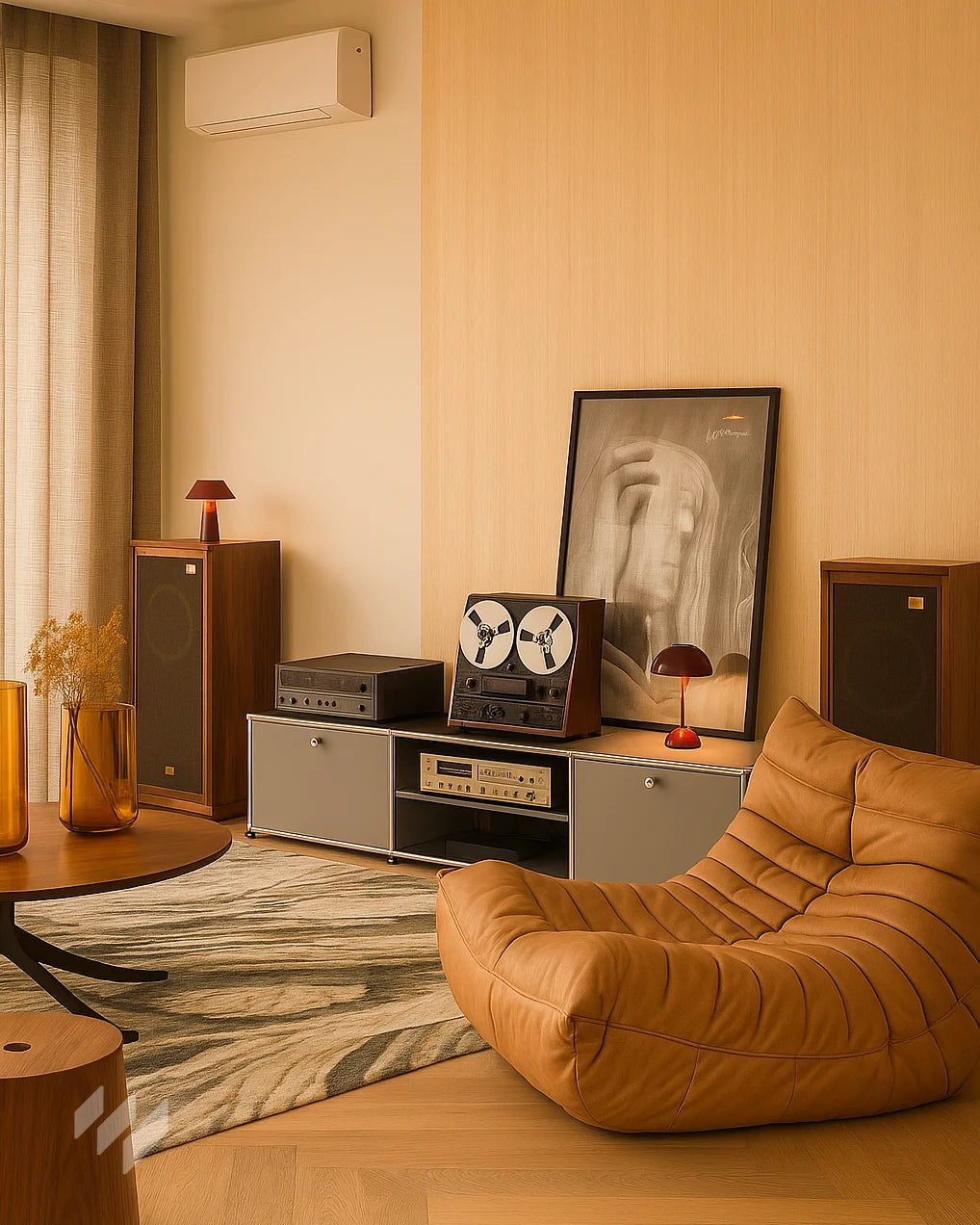 Inspiración de salón con Revestimiento Panel WPC Efecto Madera color Roble Natural de Revestimientos Pared, combinando un estilo retro con sillón de cuero y equipo de sonido vintage, ofreciendo ideas de decoración cálida.