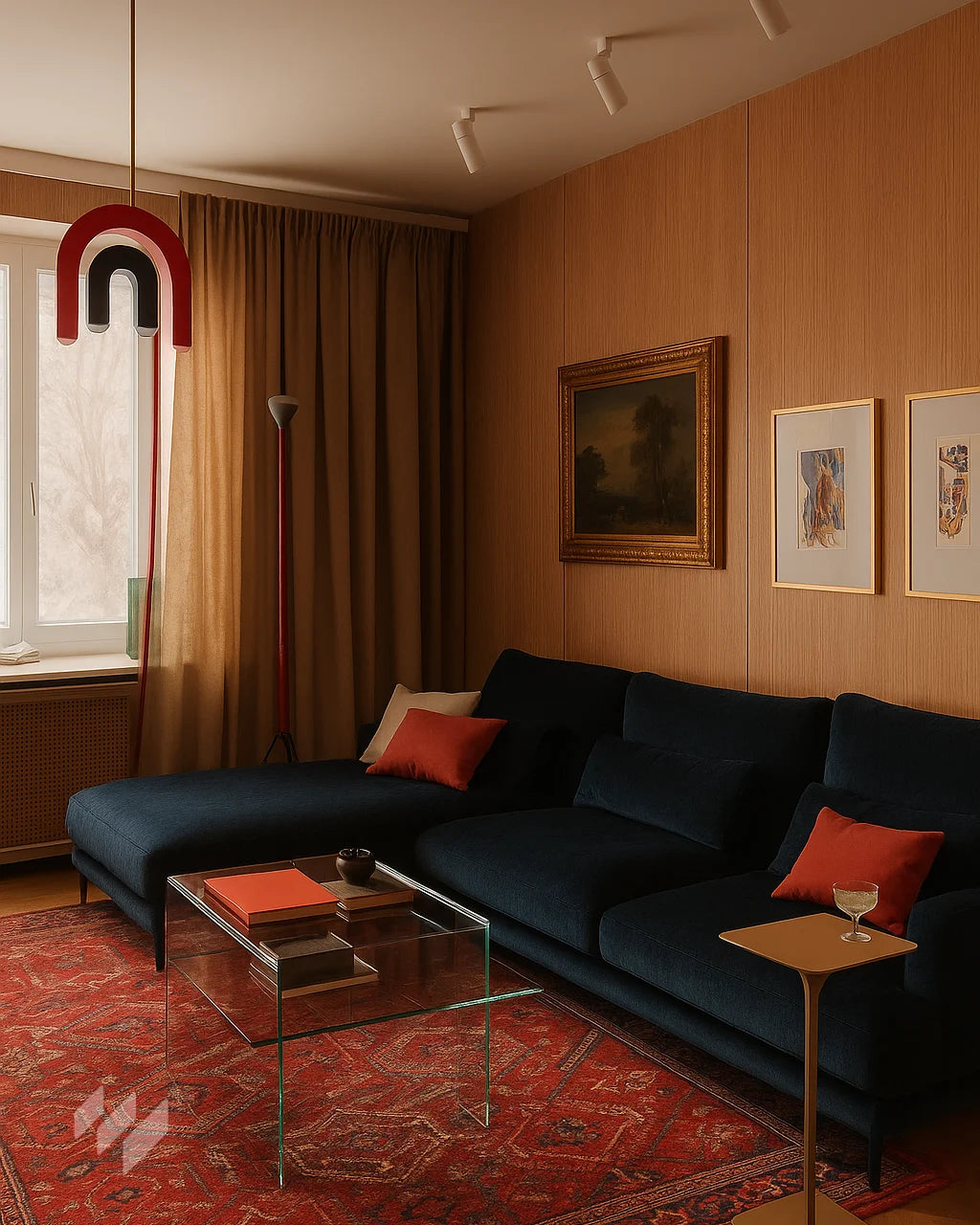 Ideas de salón elegante con Revestimiento Panel WPC Efecto Madera color Roble Natural de Revestimientos Pared, con sofá azul marino, alfombra roja y detalles clásicos para un ambiente acogedor.