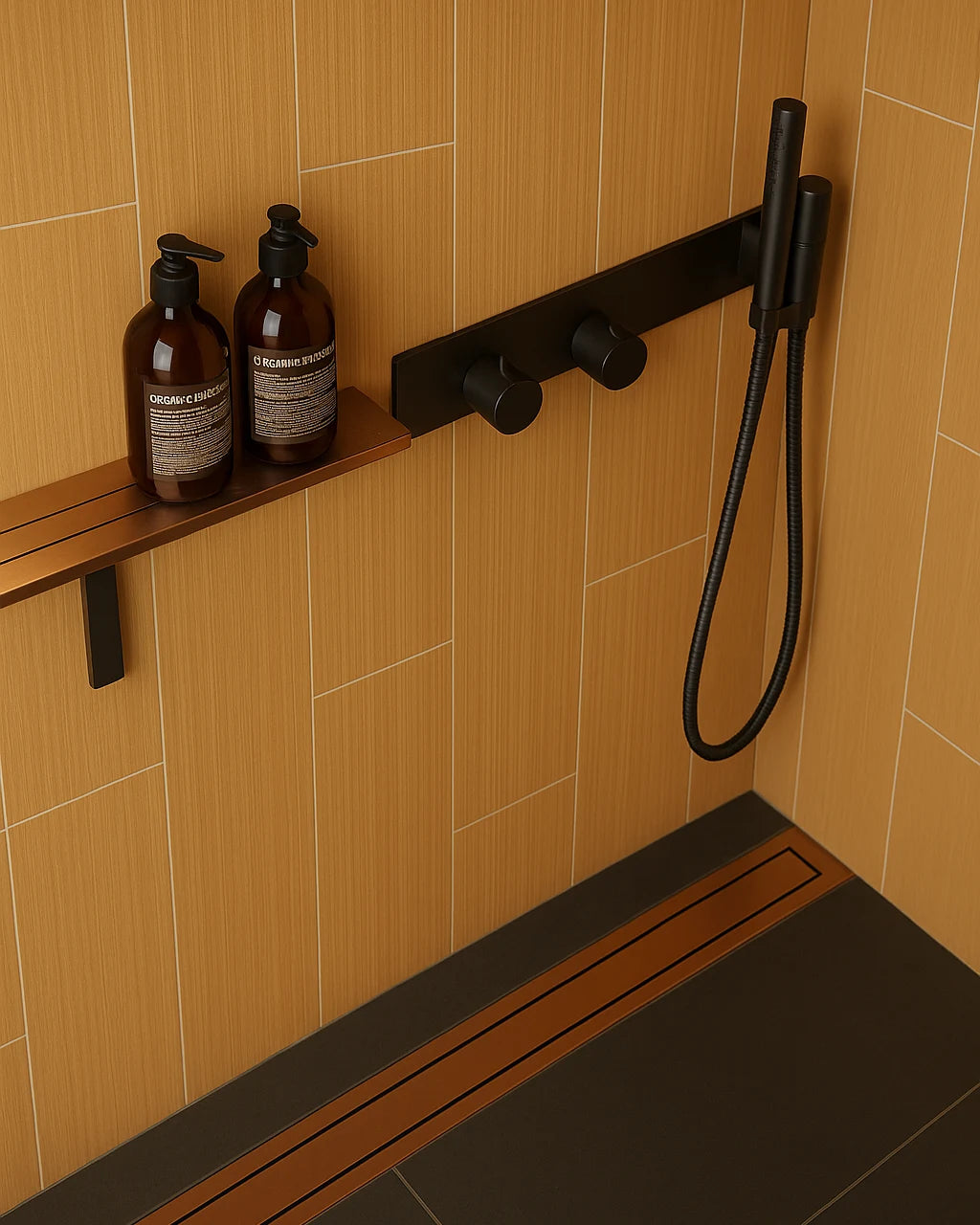 Detalle de ducha moderna con Panel SPC efecto madera cerámica de Revestimientos Pared, en un diseño elegante y funcional, ofreciendo ideas para revestimientos de baños contemporáneos.