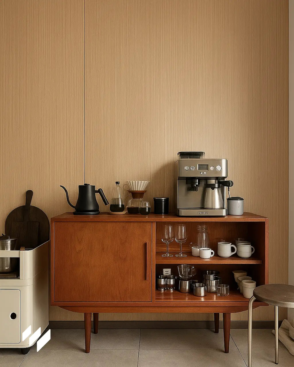 Rincón de café acogedor con pared revestida de panel WPC efecto madera Roble Natural y mueble bajo de madera con cafetera y utensilios.