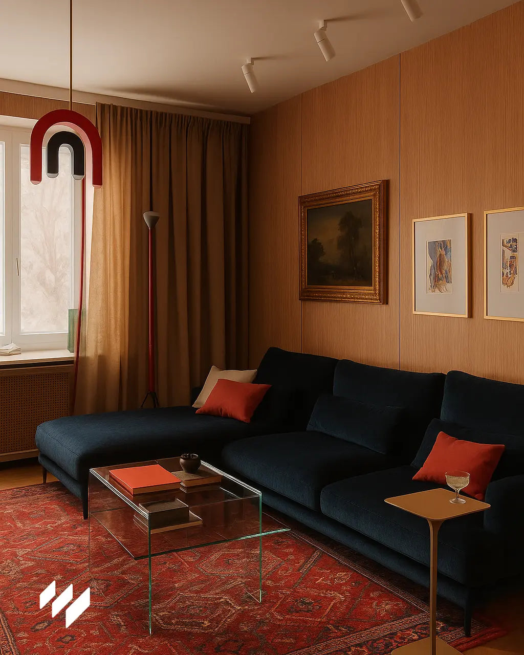 Salón moderno con sofá azul oscuro, alfombra roja y pared de fondo revestida con panel WPC efecto madera Roble Natural, decorada con cuadros enmarcados.