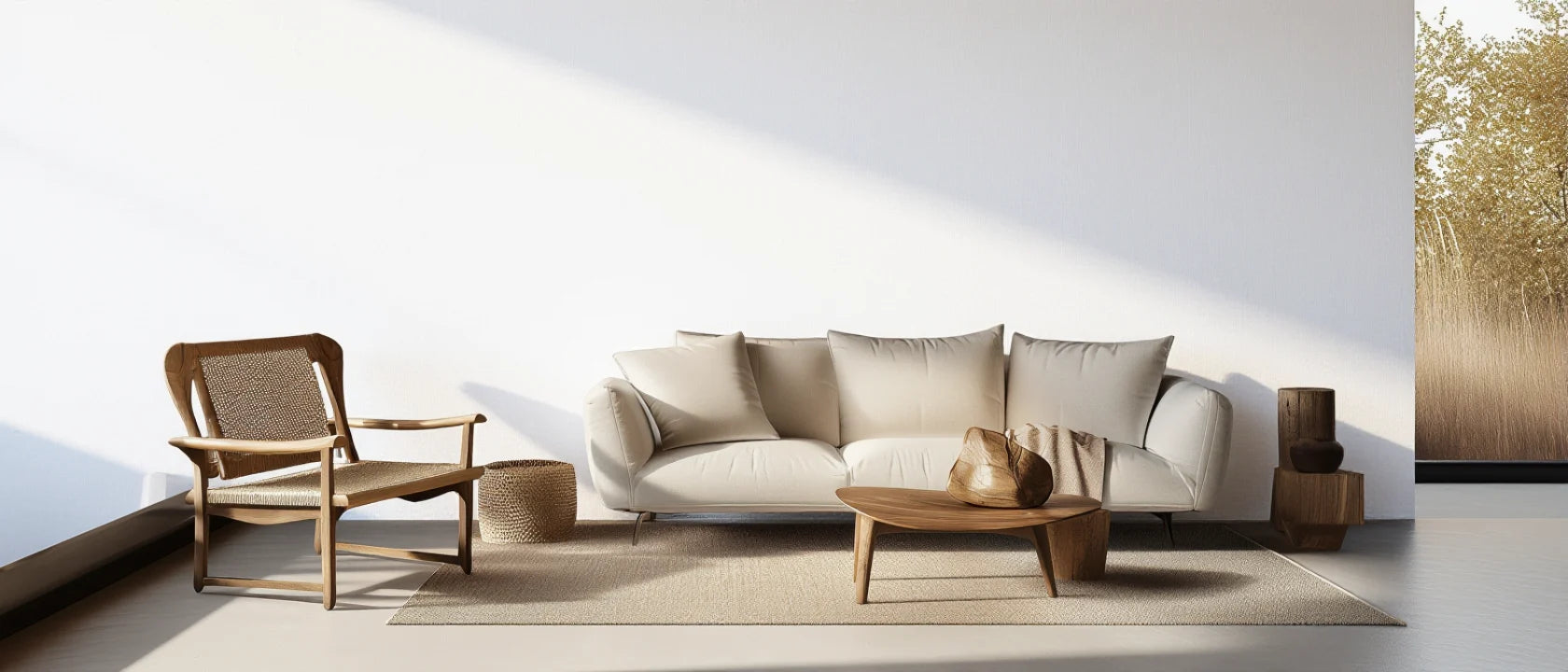 Espacio interior minimalista con pared blanca lisa antes de la instalación del panel acústico Revestimientos Pared, con luz natural y mobiliario en tonos cálidos.