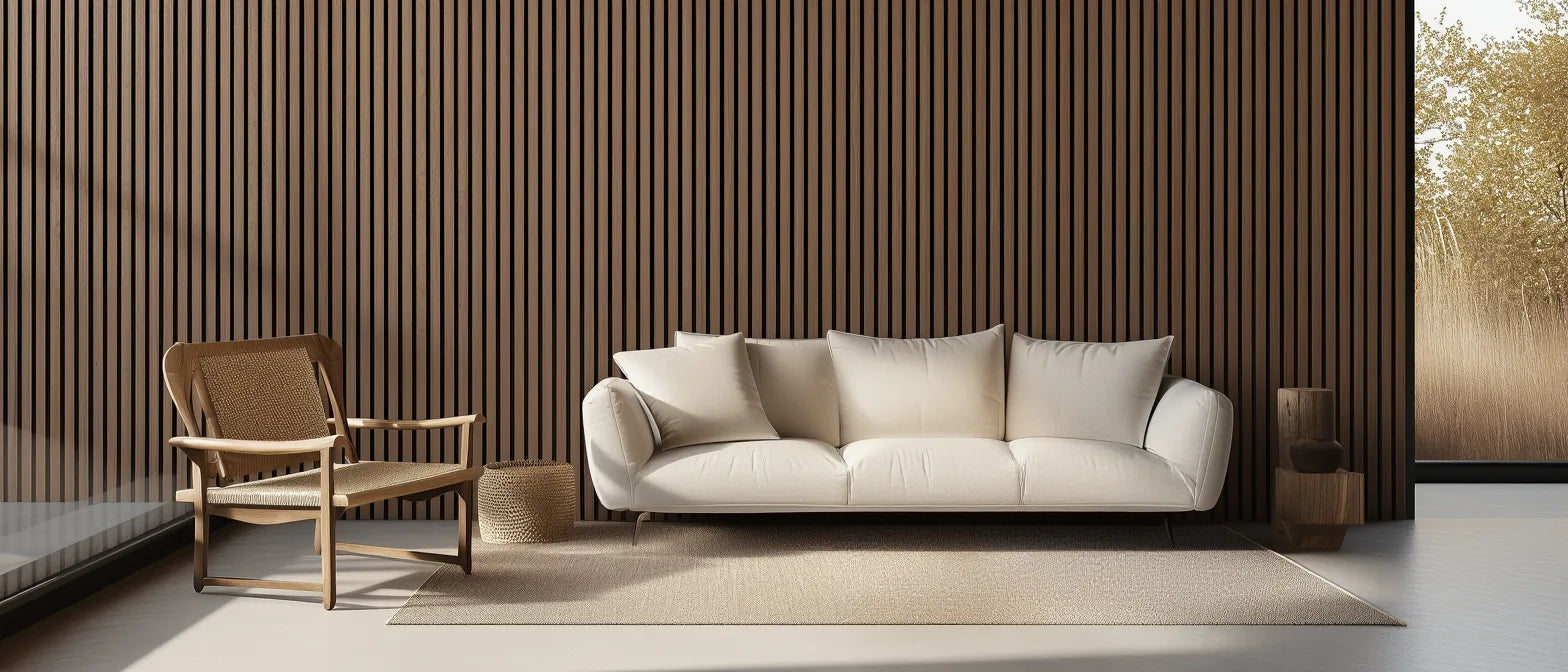 Salón moderno con panel acústico de listones en color Nogal Natural de Revestimientos Pared, que aporta calidez y textura a la pared con un diseño elegante y acogedor.