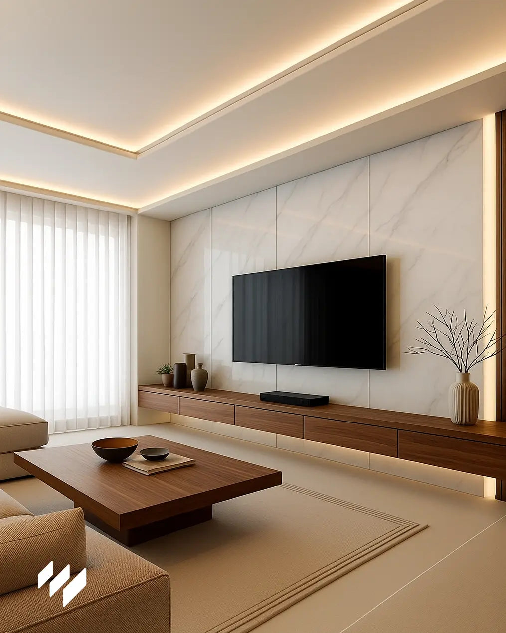 Salón minimalista con paneles WPC Alto Brillo efecto mármol Calacatta Blanco de Revestimientos Pared como fondo del televisor.