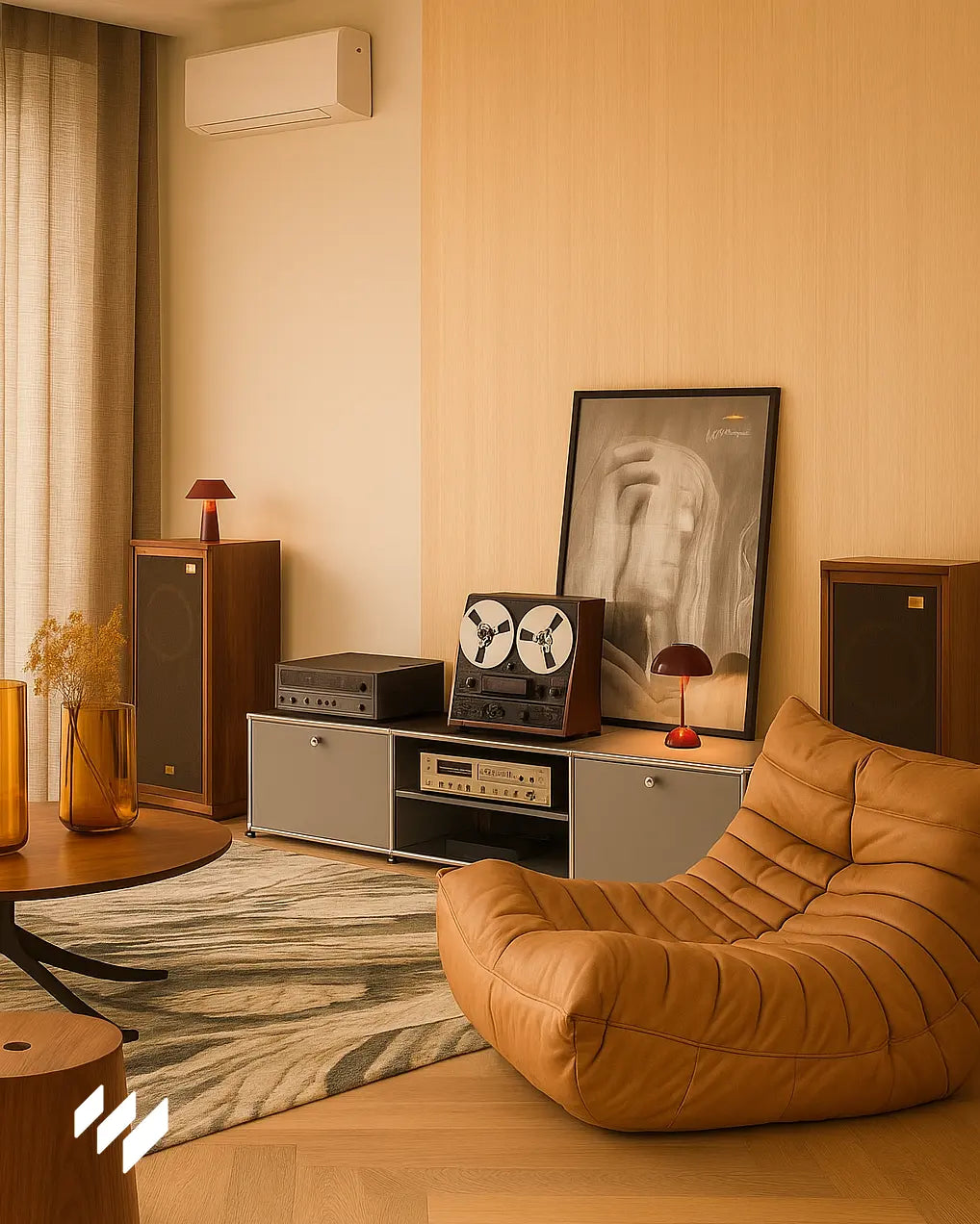 Sala de estar estilo vintage con panel WPC efecto madera Roble Natural instalado en la pared principal, decorada con equipos de sonido retro y sillón de cuero.