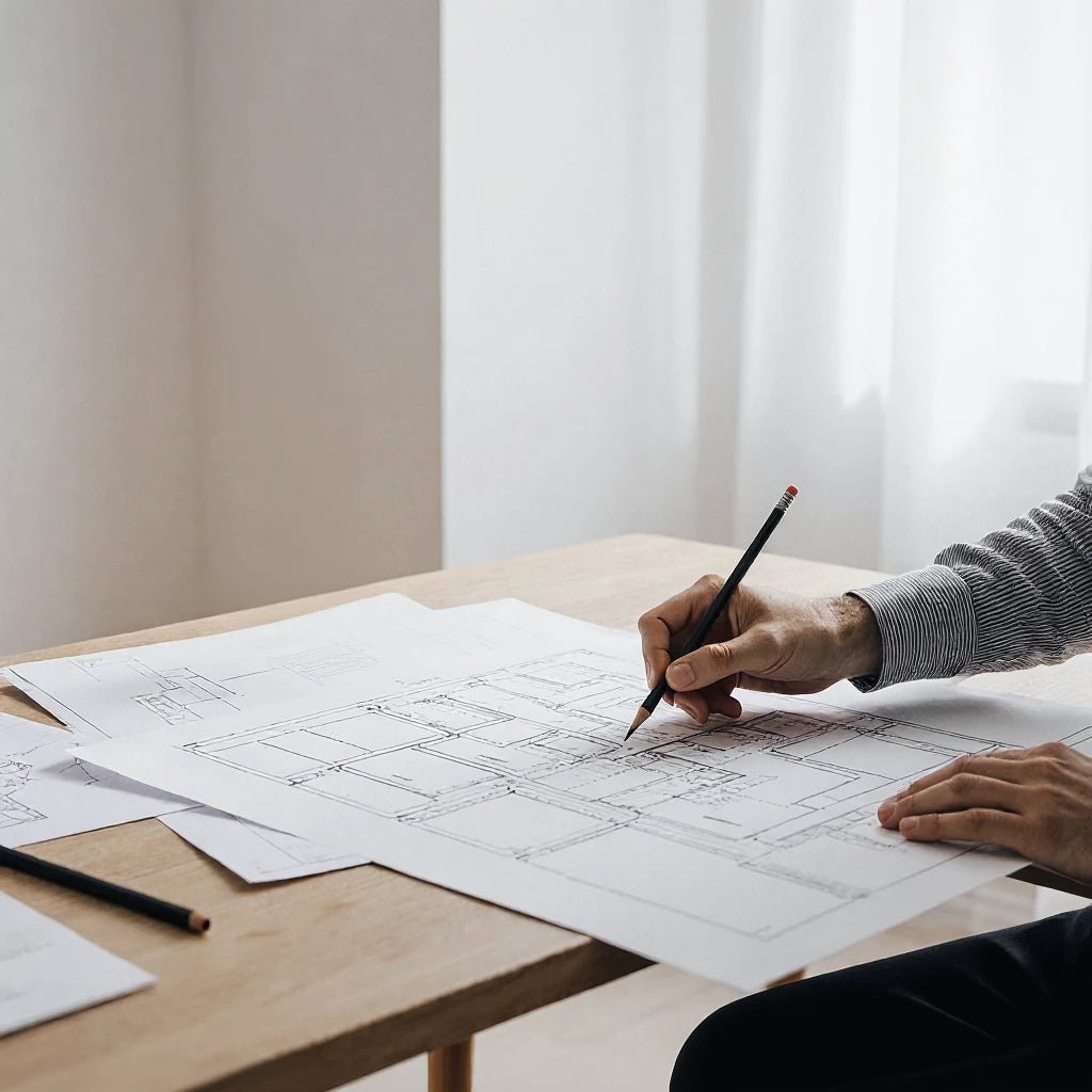 Yingming trazando el primer boceto de una reforma doméstica en un estudio de diseño de Madrid, 2019.