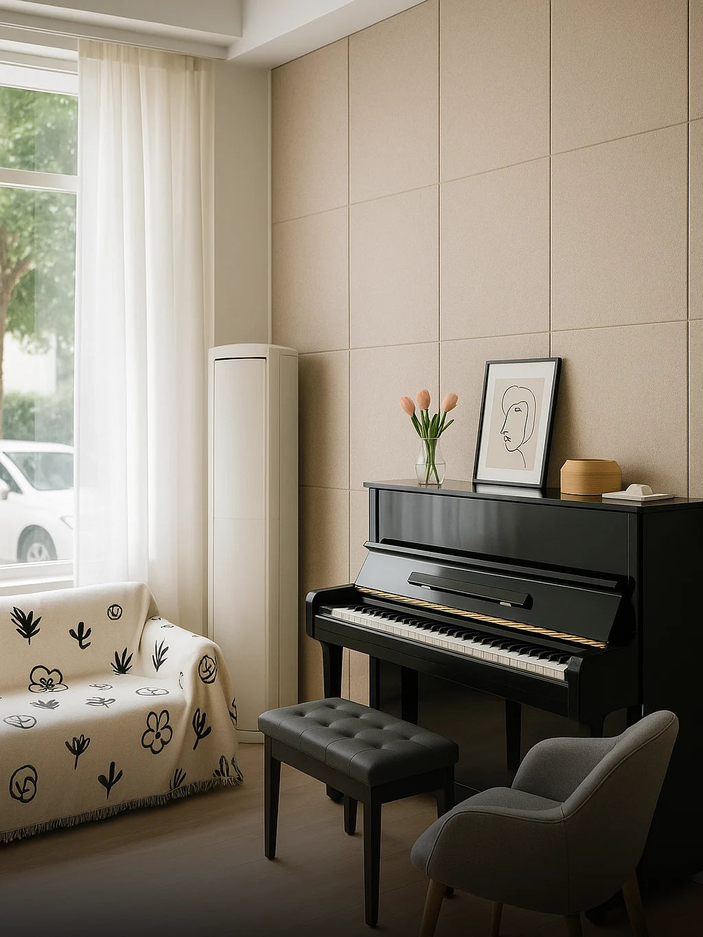 Paneles acústicos autoadhesivos de poliéster blanco instalados en la pared de una sala de música, detrás de un piano, creando un ambiente elegante y con control acústico.
