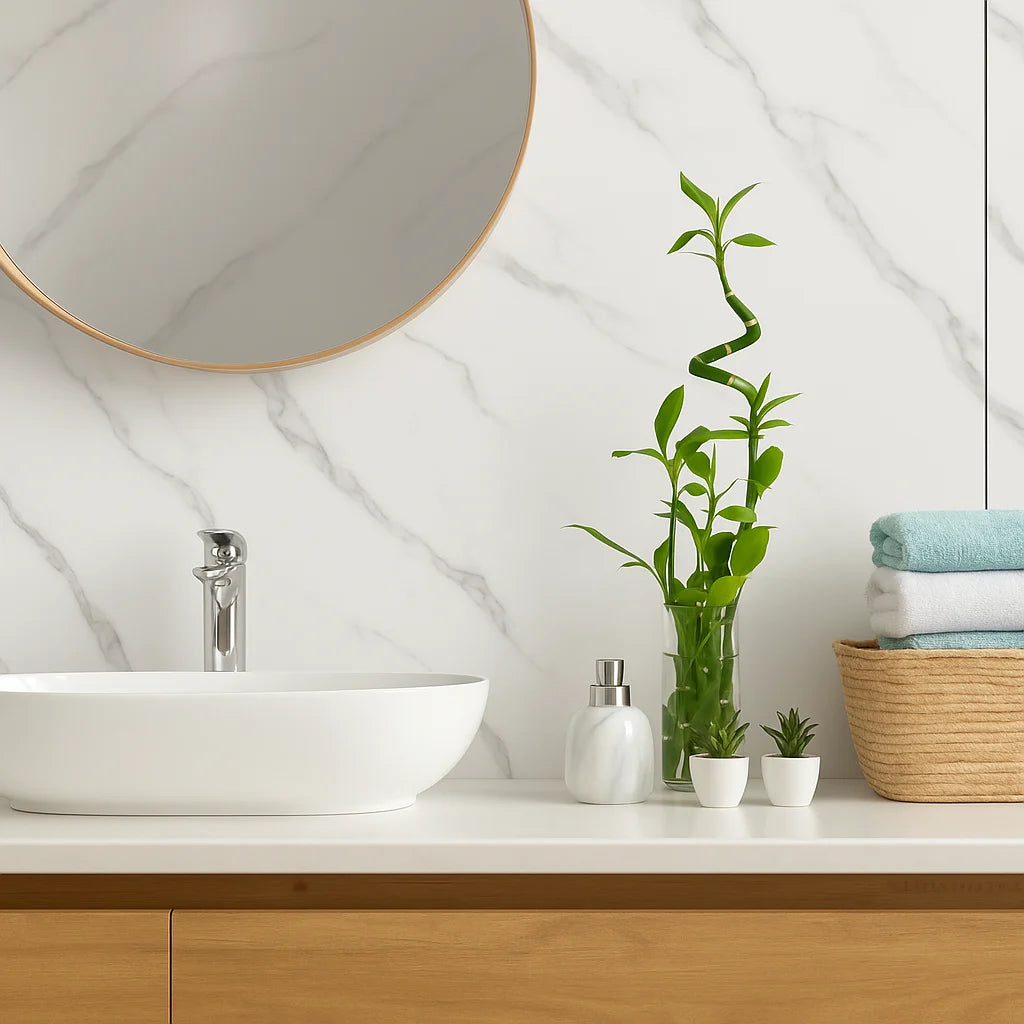 Baño moderno con pared revestida en paneles WPC alto brillo efecto mármol Calacatta Blanco, lavabo blanco ovalado, espejo circular y detalles decorativos como bambú y toallas dobladas.

