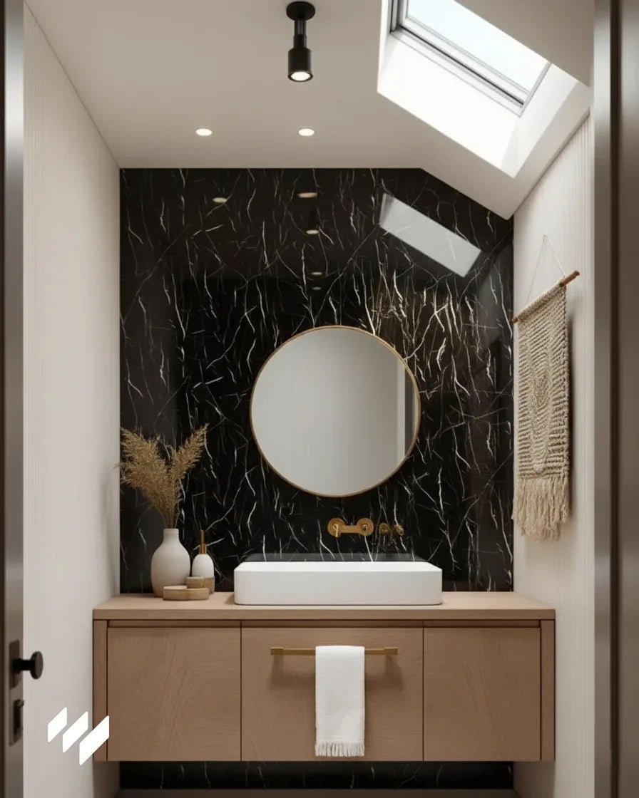 Baño luminoso con pared de Panel WPC Alto Brillo efecto Mármol Negro Marquina de Revestimientos Pared detrás del espejo redondo, creando un contraste cálido con el mueble de madera clara.