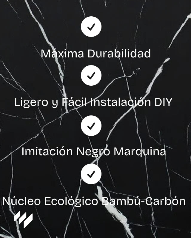 Imagen informativa del Panel WPC efecto Mármol Negro Marquina de Revestimientos Pared destacando durabilidad, instalación fácil, imitación realista y núcleo ecológico.