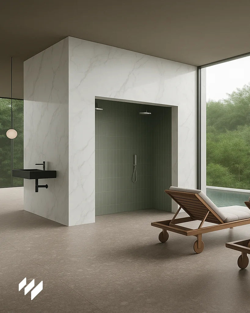 Cubo de ducha spa forrado completamente con panel SPC efecto mármol blanco Carrara, acompañado de lavabo negro y tumbona de madera.