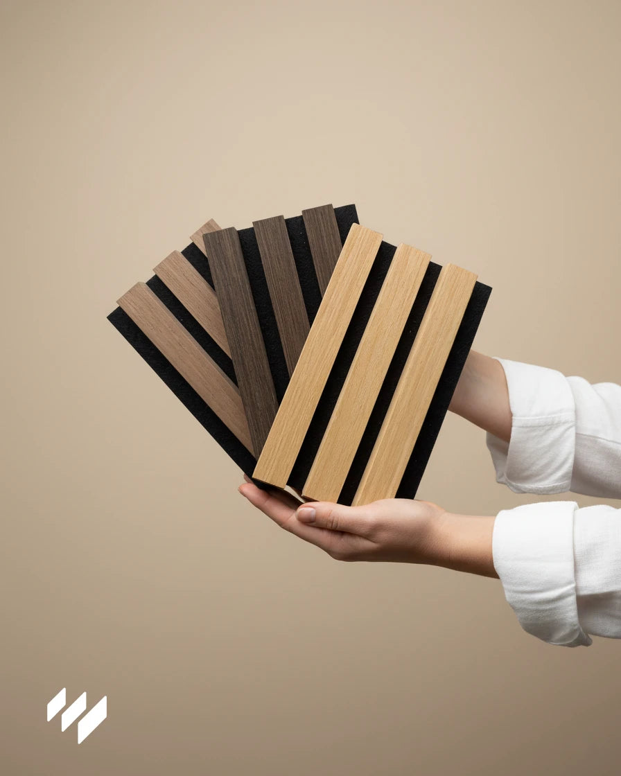 Conjunto de tres muestras de paneles acústicos de listones en tonos madera sostenidas con ambas manos, colección Serena de Revestimientos Pared.