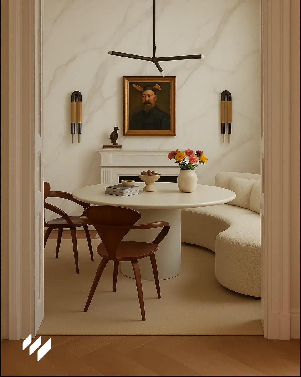 Comedor moderno con paredes revestidas en Panel WPC Alto Brillo efecto mármol Calacatta Blanco de Revestimientos Pared.