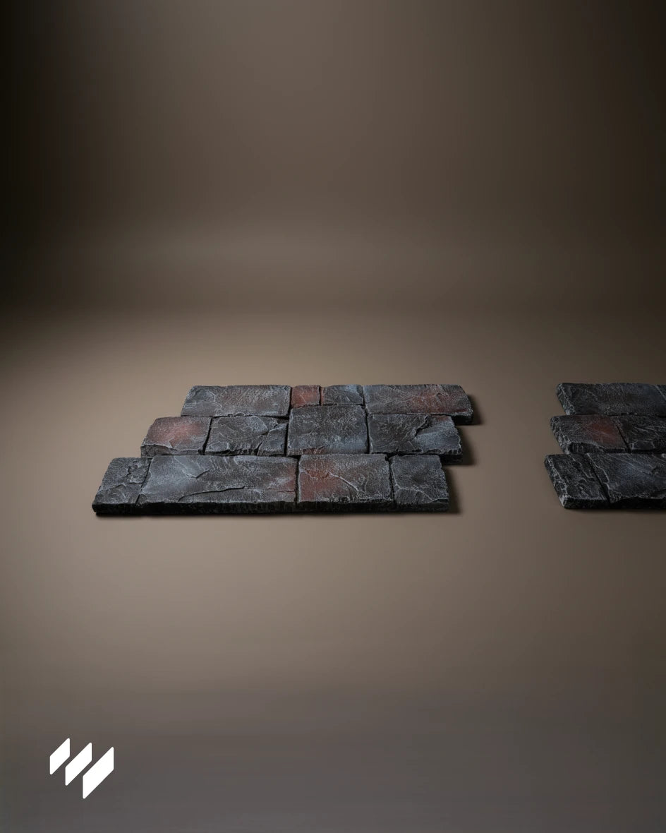 Vista lateral del Panel Decorativo PU Efecto Piedra Volcánica Rústica Color Lava de Revestimientos Pared, mostrando unión y textura de piedra.