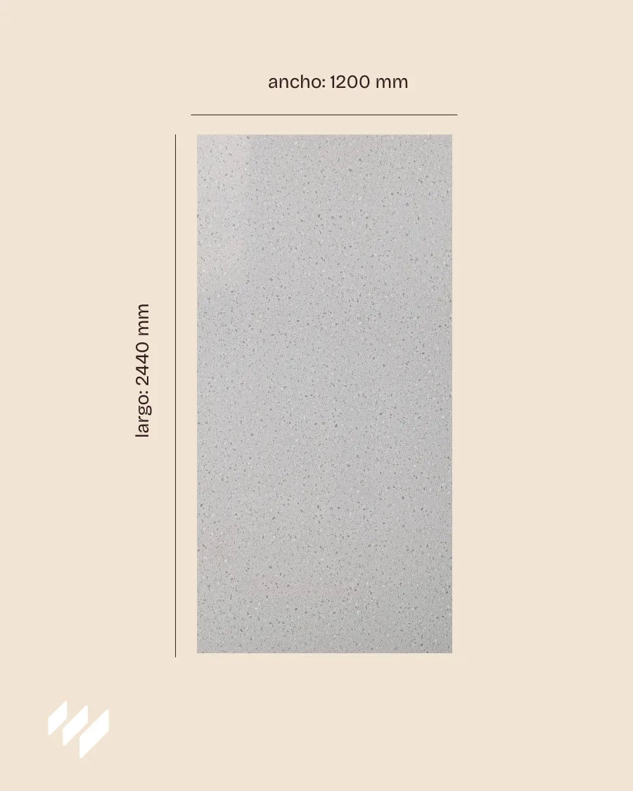 Revestimiento de pared para ducha SPC efecto terrazo gris claro de Revestimientos Pared con medidas de 1200 mm de ancho y 2440 mm de largo.