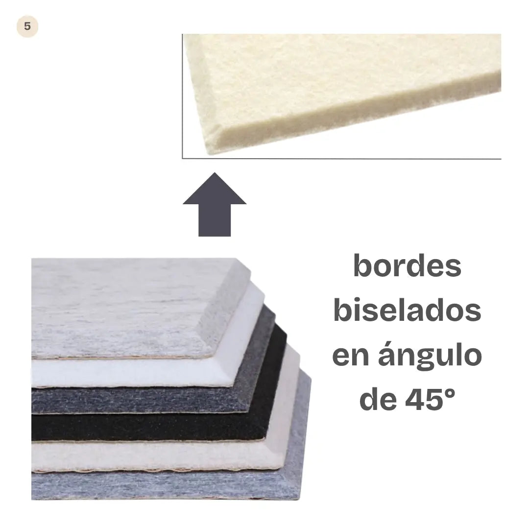 Paneles acústicos con bordes biselados a 45 grados disponibles en varios colores neutros de estilo escandinavo moderno