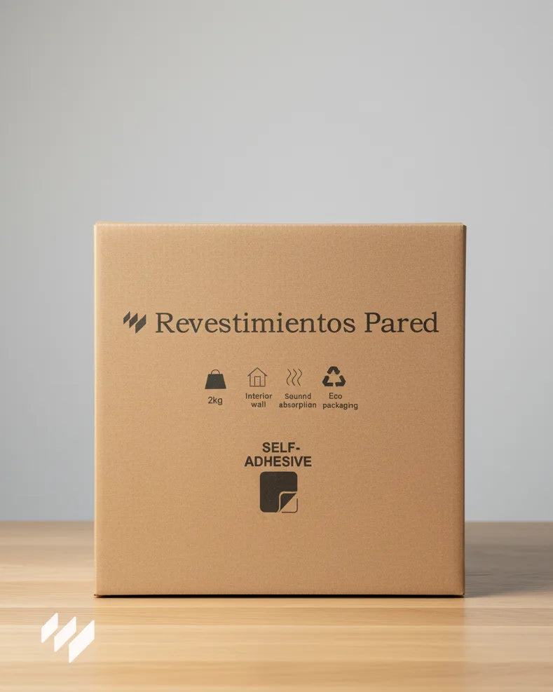 Caja de embalaje ecológico de la espuma acústica blanca de 50x50 cm de Revestimientos Pared, con diseño minimalista, logotipo y pictogramas de uso interior, absorción acústica y adhesivo autoinstalable.