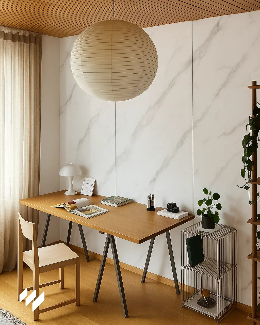 Espacio de trabajo con panel decorativo WPC Alto Brillo efecto mármol Calacatta Blanco de Revestimientos Pared en la pared principal