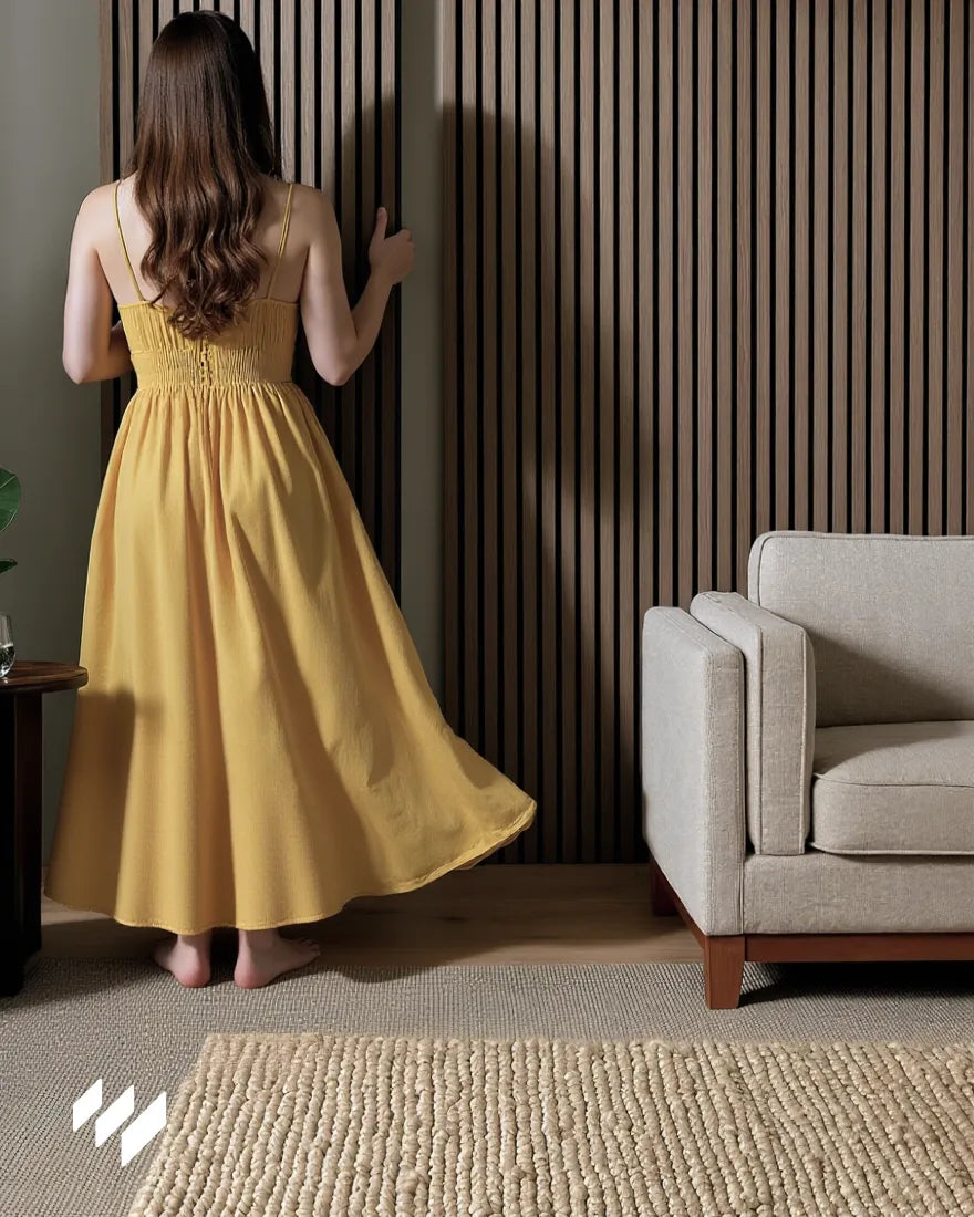 Mujer junto al panel acústico de listones Nogal Natural de Revestimientos Pared, en una sala de estar con estilo minimalista y tonos suaves.