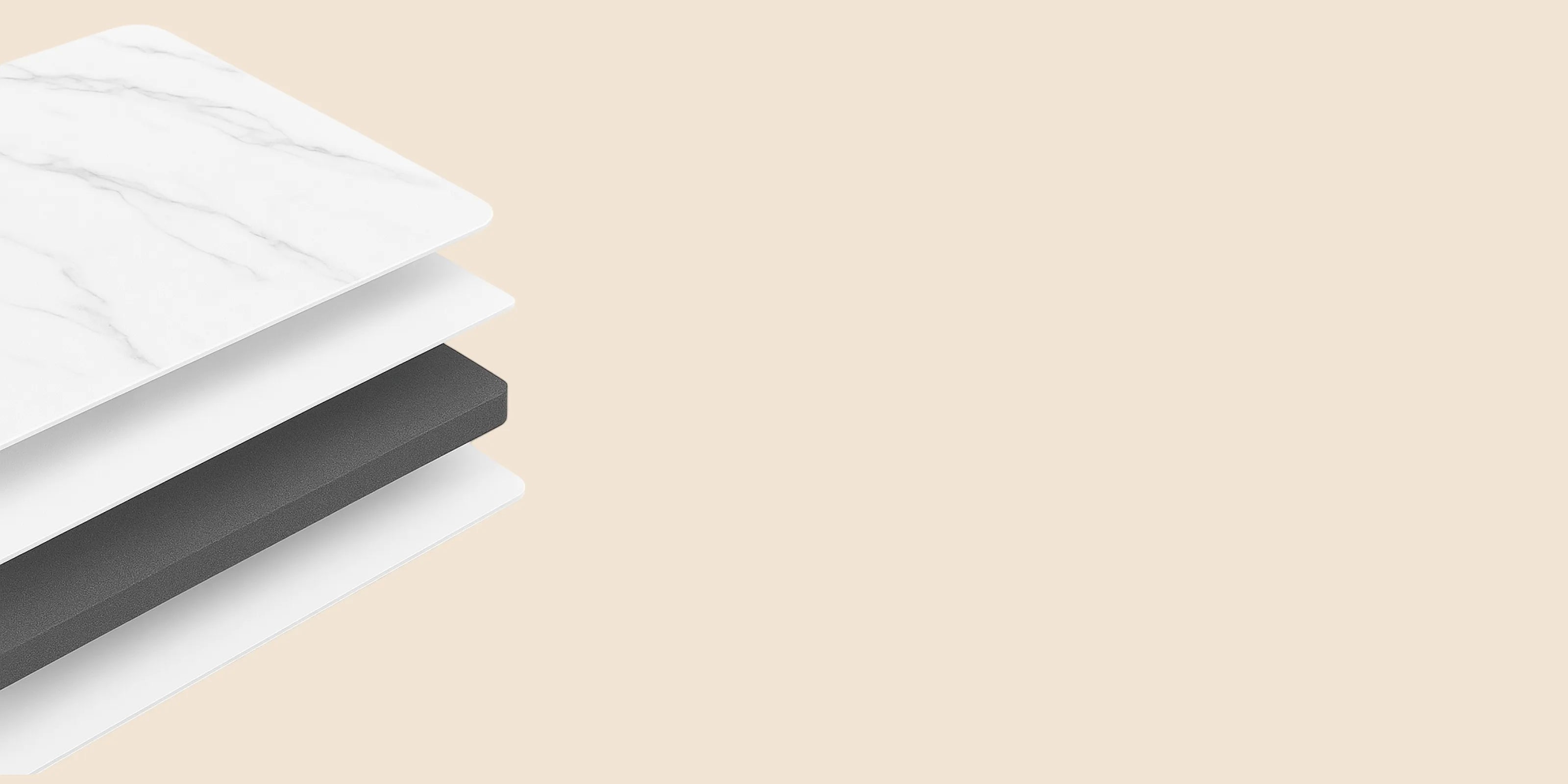 Estructura en capas del panel de revestimiento SPC con efecto mármol blanco, mostrando capas decorativas, núcleo rígido y base estabilizadora.