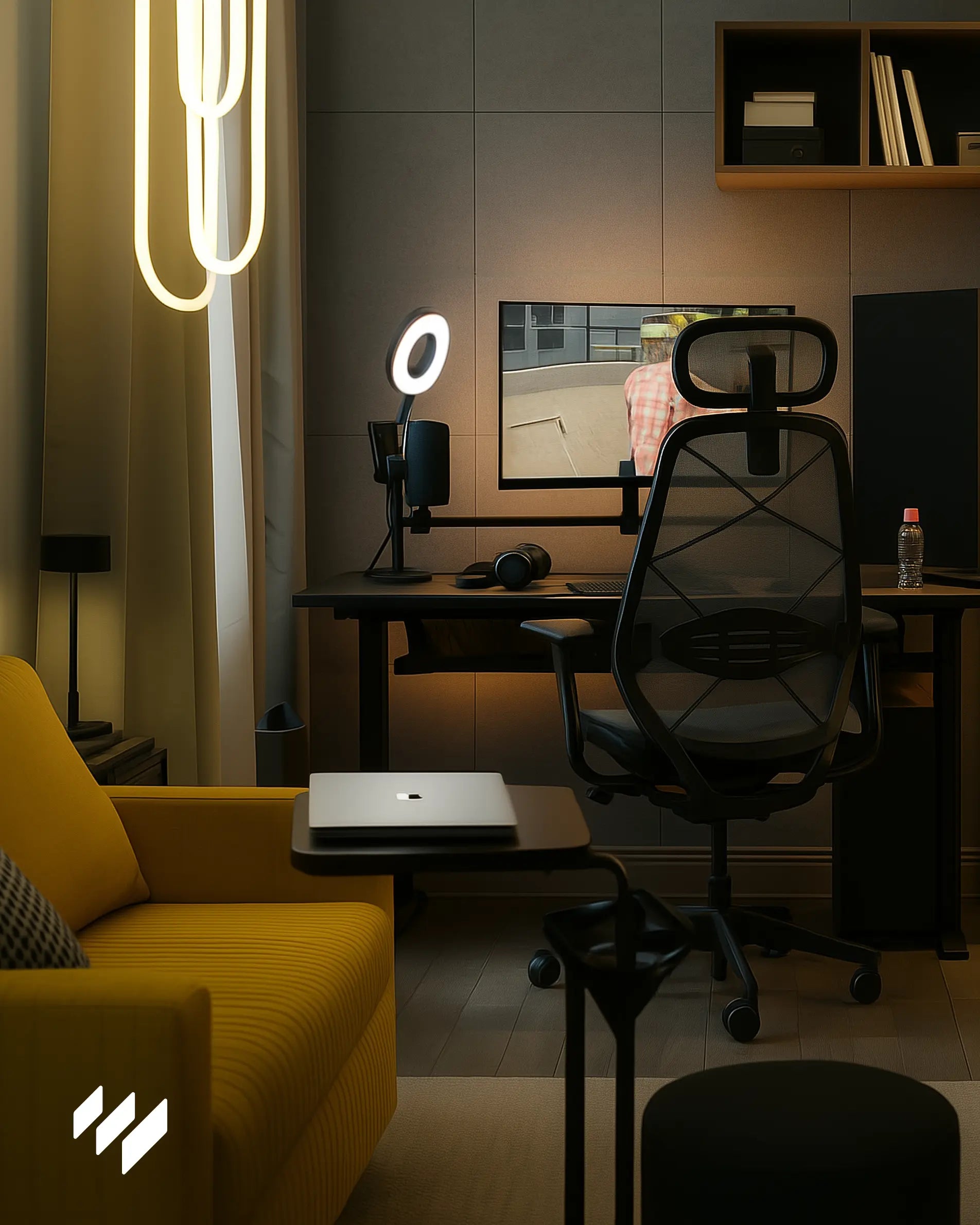 Habitación gamer equipada con paneles acústicos de poliéster gris en la pared, proporcionando aislamiento acústico. El espacio cuenta con escritorio profesional, silla ergonómica, iluminación LED y sofá amarillo.