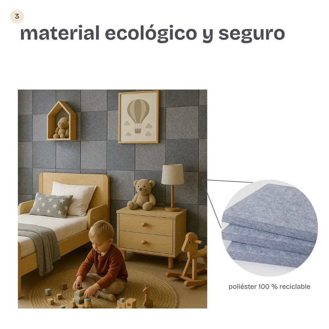 Niño jugando en habitación infantil decorada con paneles acústicos de poliéster reciclable, seguros y ecológicos