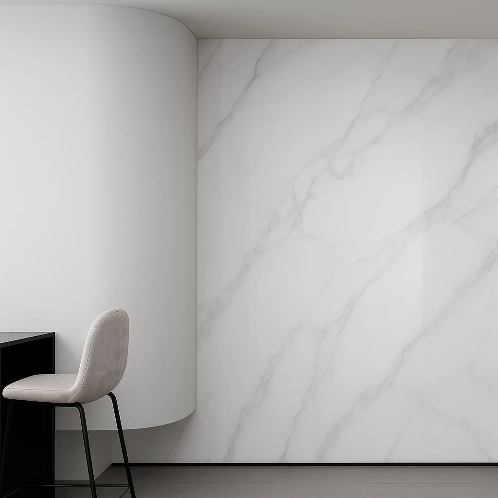 Panel de revestimiento SPC con efecto mármol blanco en un interior moderno y minimalista.