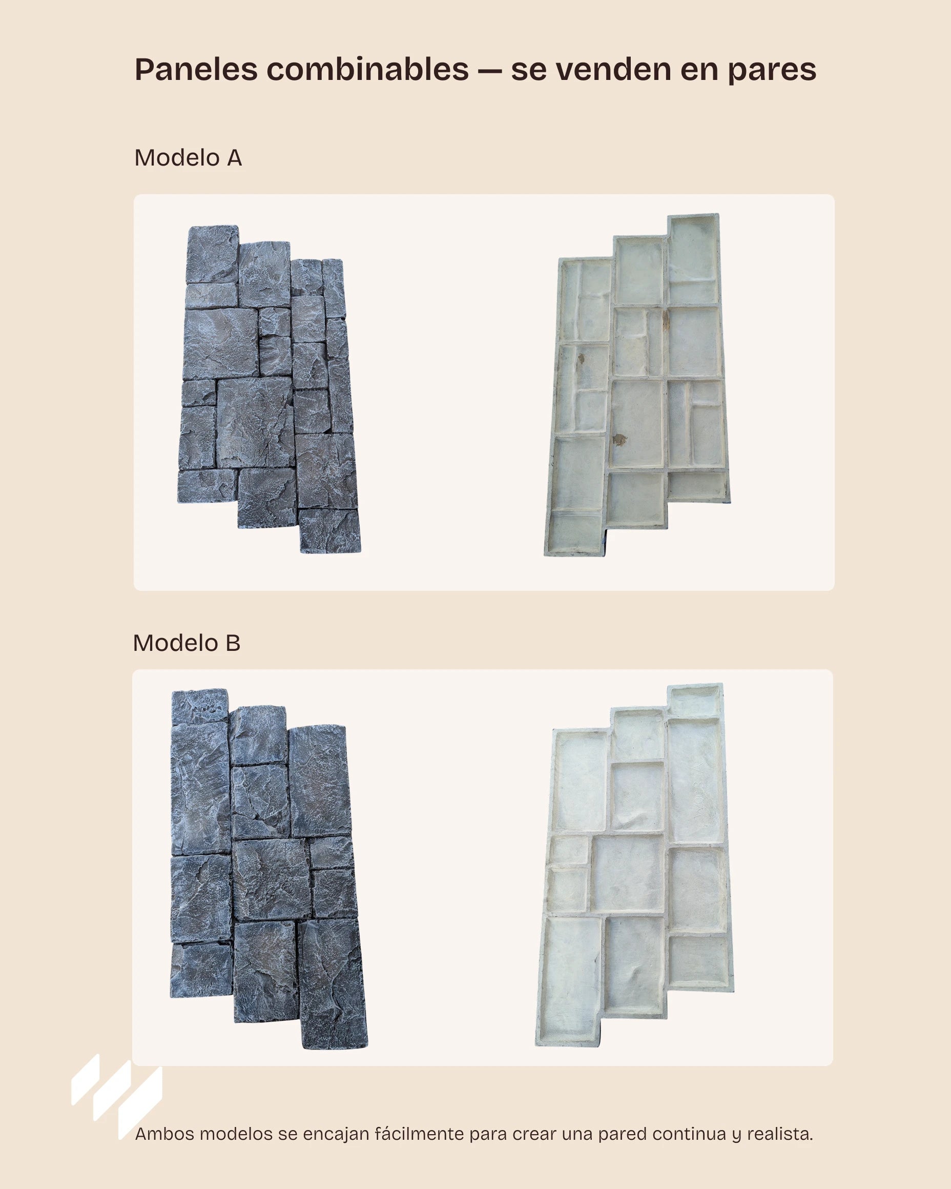 Paneles decorativos Revestimientos Pared Fortaleza Basalto, modelos A y B combinables, reverso y anverso visibles para mostrar el sistema de encaje.