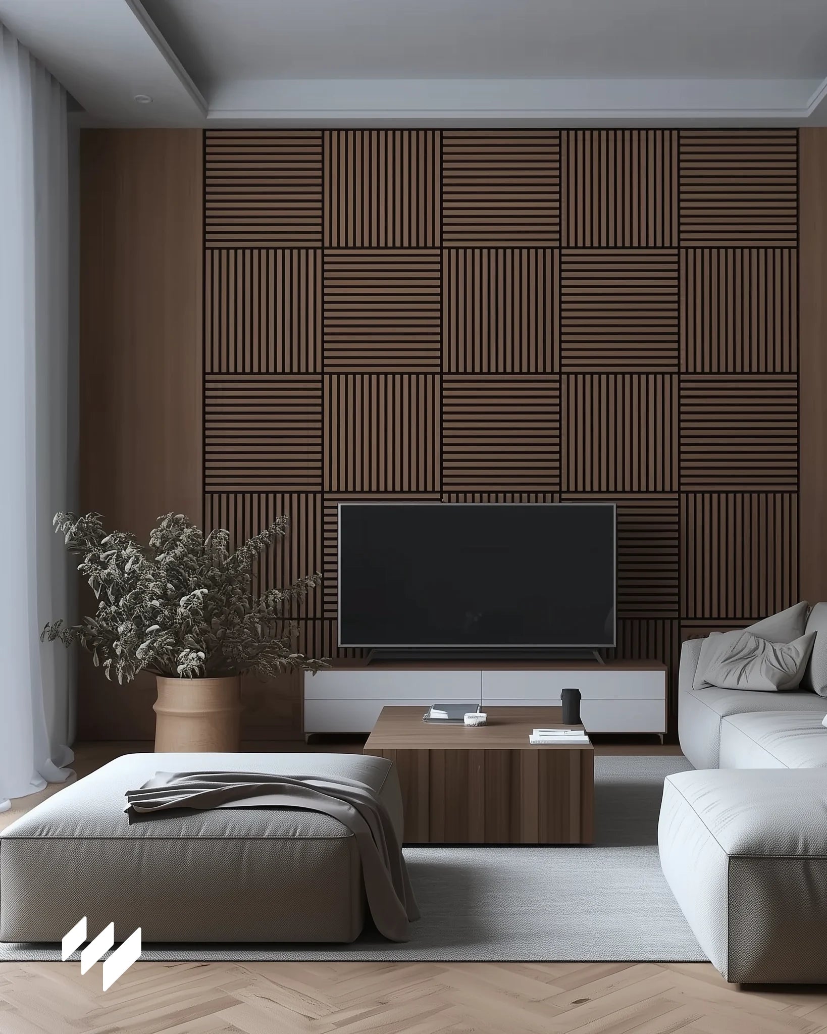 Sala de estar con decoración minimalista, destacando un revestimiento acústico de listones Roble Ahumado detrás del televisor.
