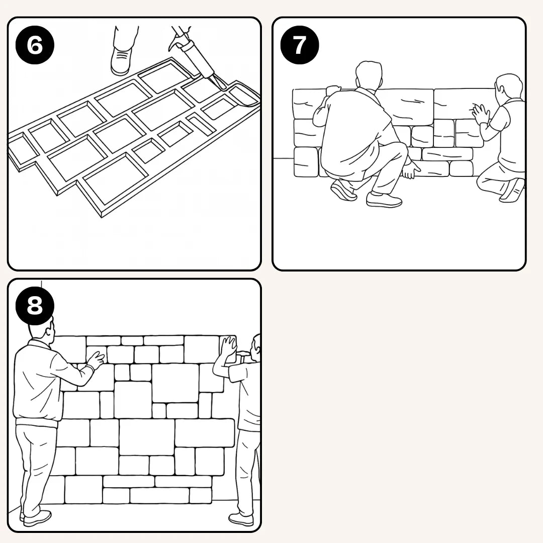 Adhesivo en zig-zag en la parte posterior del panel, colocación de la primera hilada y comprobación de la alineación mientras se reviste la pared.