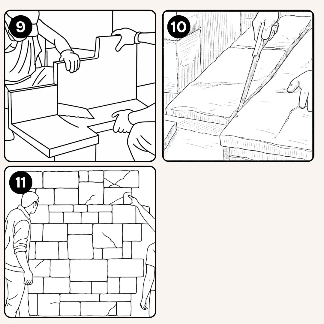 Corte de paneles con sierra y cúter para adaptarse a huecos o bordes, seguido de la colocación y ajuste de las piezas superiores.