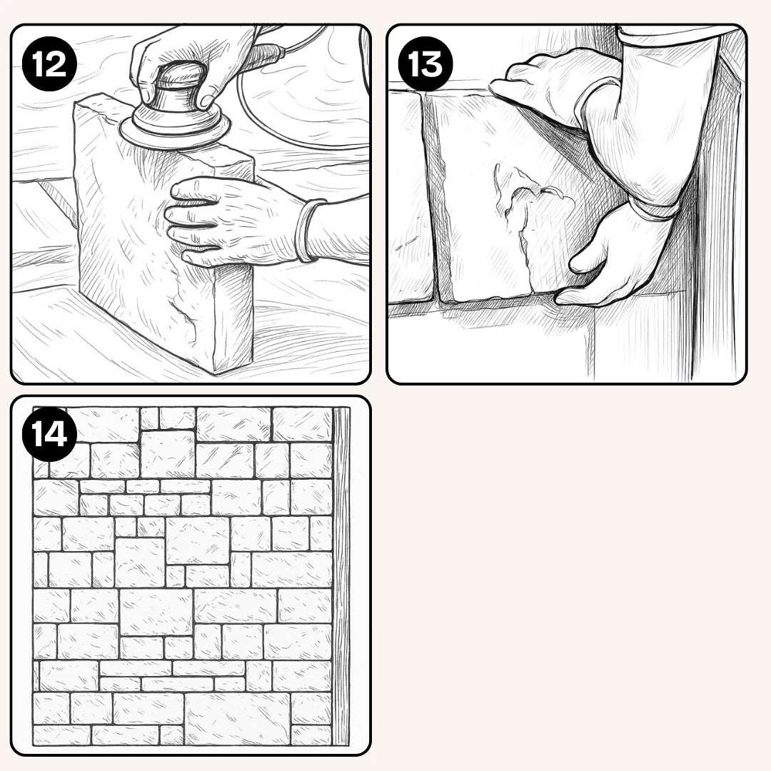 Lijado de cantos para nivelar, aplicación de masilla en juntas y vista final del muro completamente revestido.