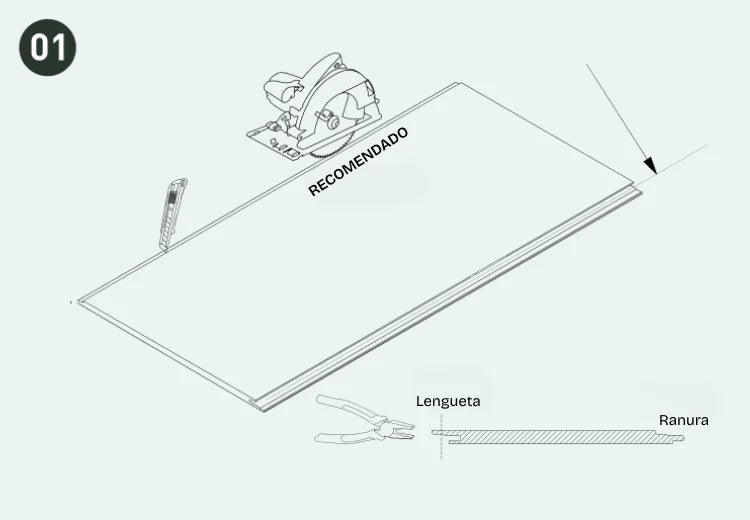 Imagen que muestra el corte del panel SPC en la esquina con una sierra circular y la identificación de lengüeta y ranura.