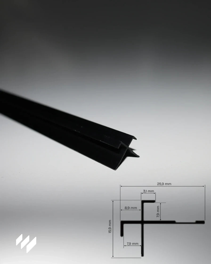 Diagrama técnico del Perfil de Esquina Exterior de Aluminio con Rebaje en color negro mate con sus medidas detalladas, imagen informativa para productos de revestimientos pared de revestimientos pared.