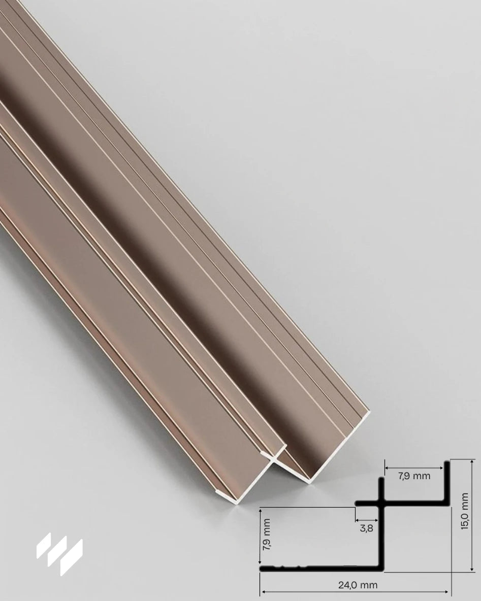 Perfil de esquina interior de aluminio en acabado oro rosa brillante con diagrama de medidas, compatible con paneles Kore y Vena de revestimientos pared