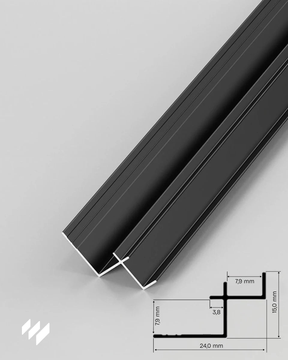 Perfil de esquina interior de aluminio negro mate con esquema de medidas, utilizado para paneles Kore y Vena de revestimientos pared