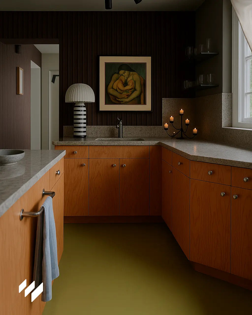 Hay Revestimiento Pared Listones 3D WPC Nogal Oscuro de revestimientos pared en la pared del cocina de estilo mediterránea.