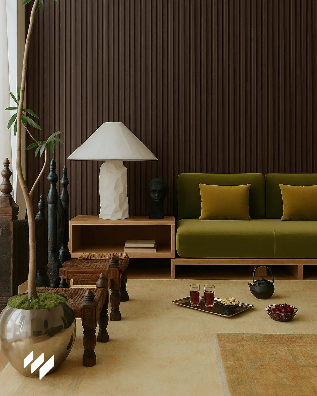 Hay Revestimiento Pared Listones 3D WPC Nogal Oscuro de revestimientos pared en la pared del salon de estilo moderno.