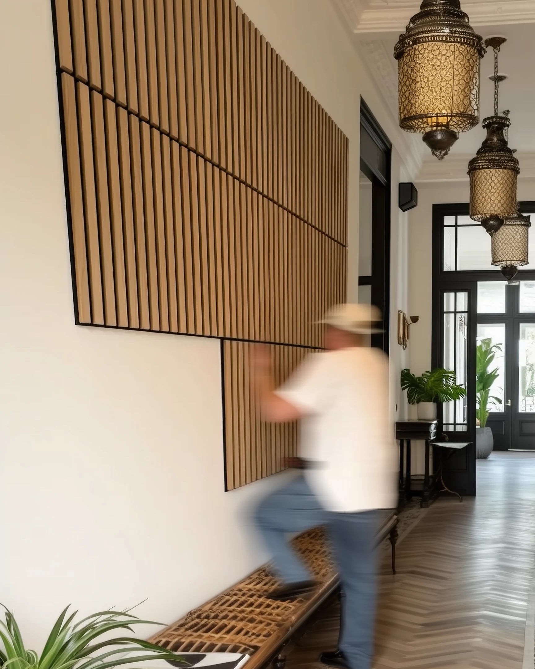 Revestimiento de Pared 3D Palillería Acústica Autoadhesiva cuadrado Roble Ahumado Instalar