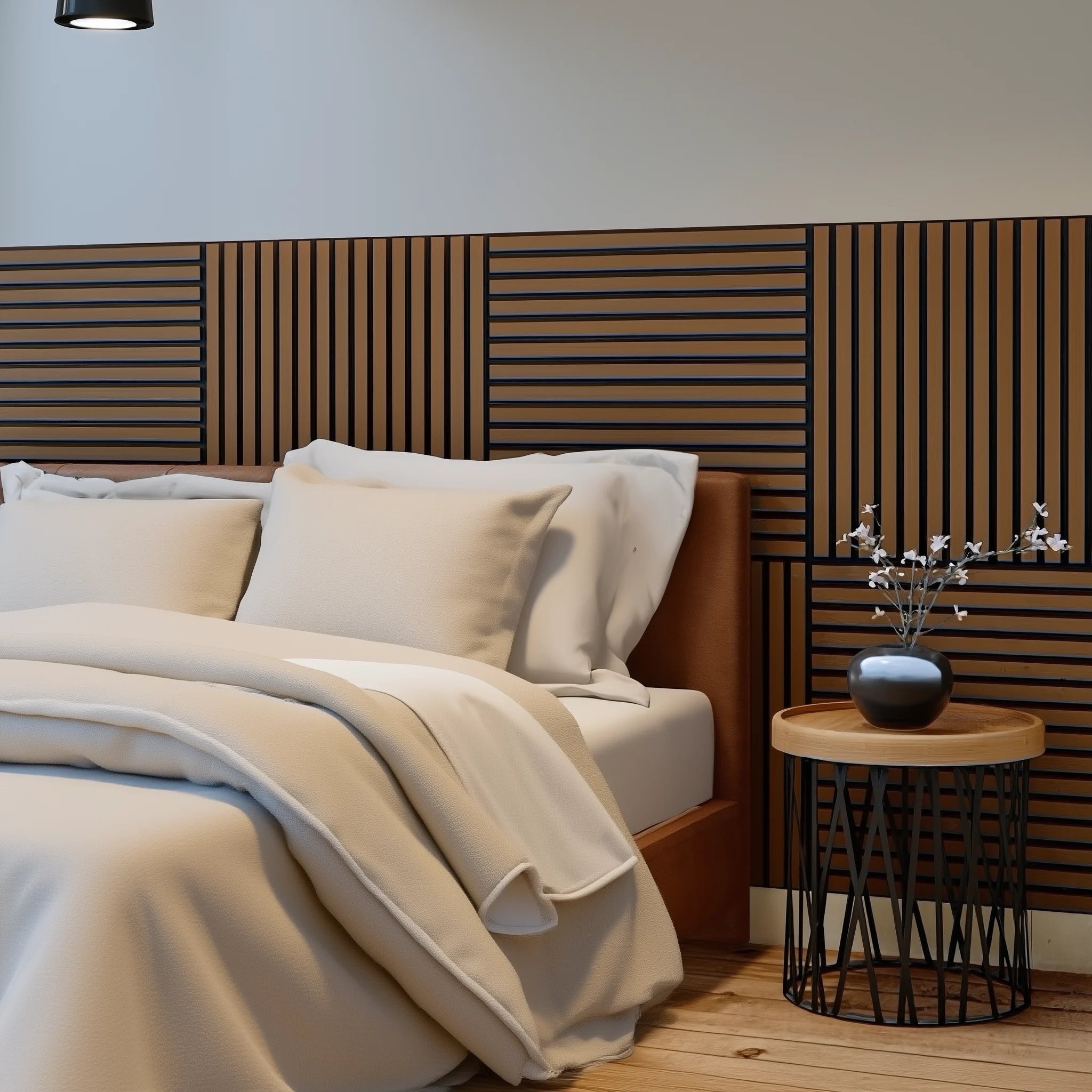 Revestimiento de Pared 3D Palillería Acústica Autoadhesiva cuadrado Roble Ahumado uso en cabecero