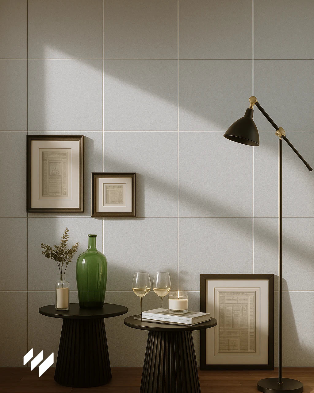 Espacio elegante junto a una ventana, decorado con paneles acústicos blancos de 50x50cm, dos mesas negras con copas de vino, velas, cuadros enmarcados y una lámpara de pie moderna, iluminado por luz natural suave.