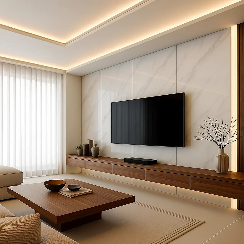 Salón sofisticado con pared de TV revestida en paneles WPC alto brillo efecto mármol Calacatta Blanco, mueble flotante de madera, iluminación LED indirecta y decoración cálida.